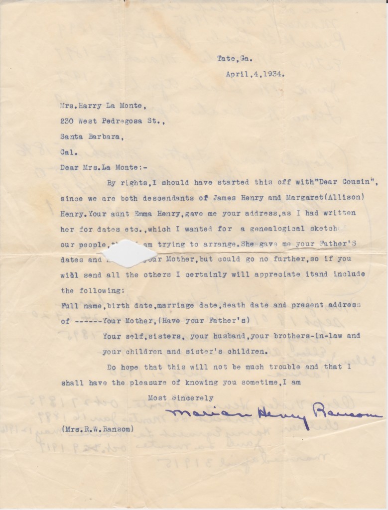 Letter from Marian Henry Ransom