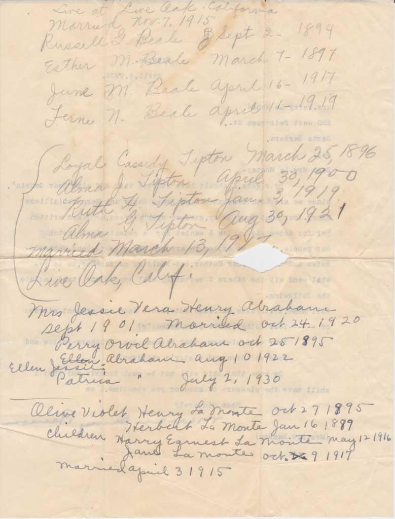 Reverse Of Letter To Olive Violet, 1934